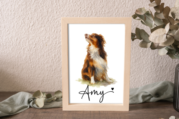 Personalisierter Haustierrahmen mit Aquarellbild und 3D-Acryl-Schriftzug in Eschenholzrahmen – individuelles Geschenk für Tierliebhaber